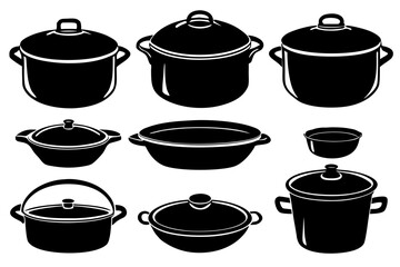 A conceptual set of various kitchen cookware silhouettes. Vector icons of pots, pans, and cauldrons for cooking and food preparation themes.