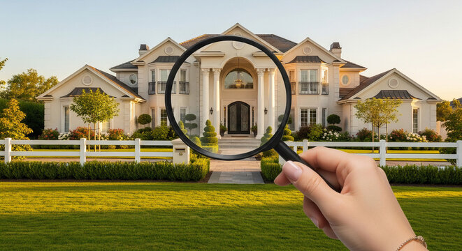 A hand holds a magnifying glass up to a large, luxurious house.