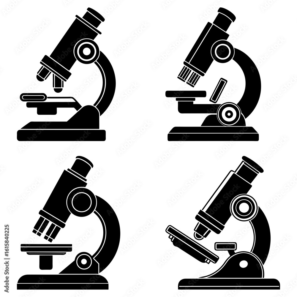 Poster four black and white microscope illustrations arranged in a square pattern on a white background