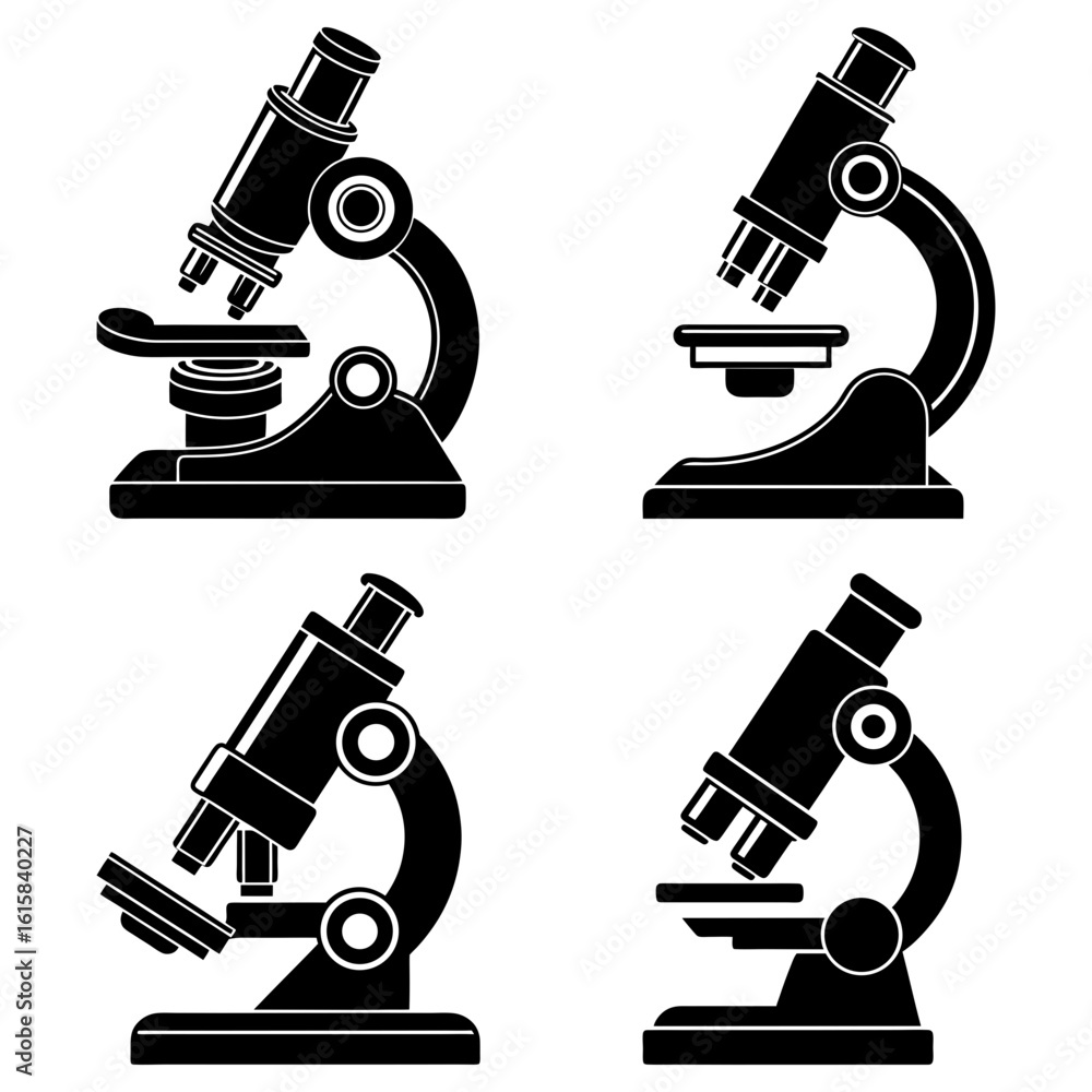 Poster four black and white microscope illustrations arranged in a square pattern on a white background vie