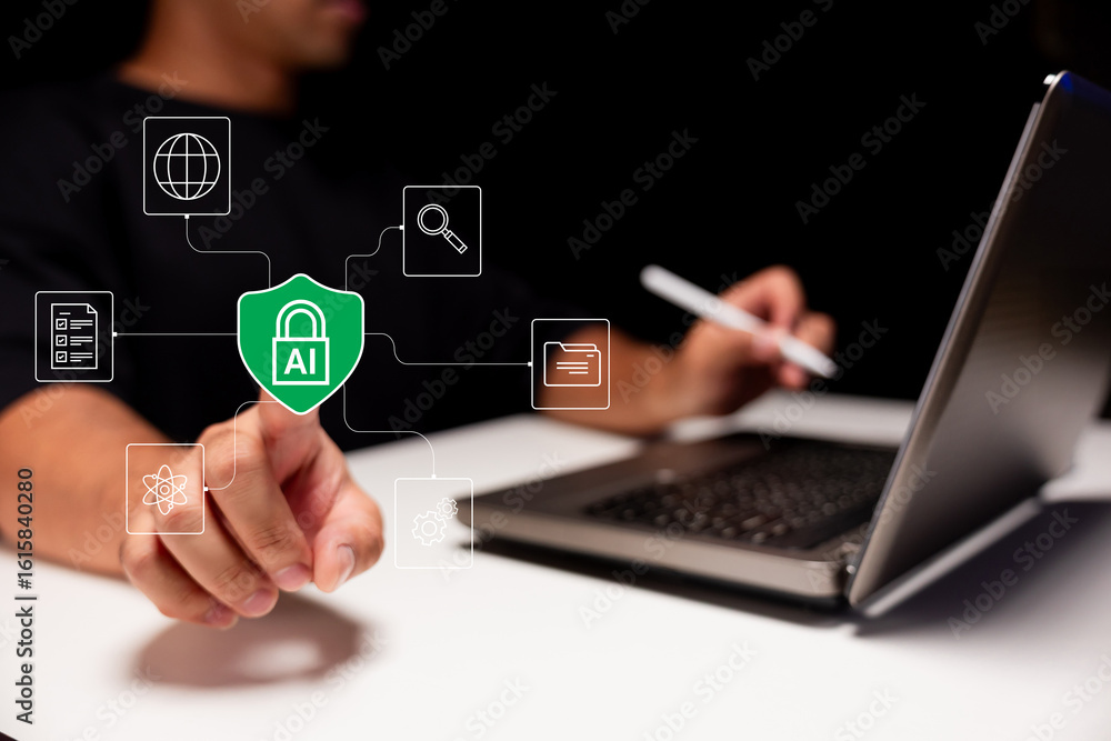 Poster a person interacts with a laptop, engaging with ai security and digital icons representing data, tec