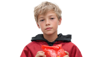 Young boy dressed in a red costume holding a bag of candy on Halloween