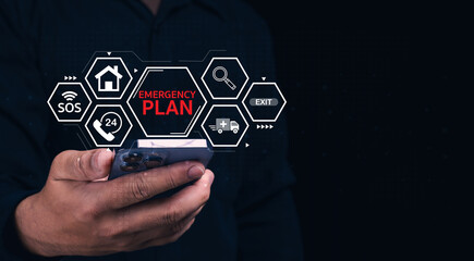 A person holding a smartphone with digital emergency plan icons, including SOS, 24-hour service,...