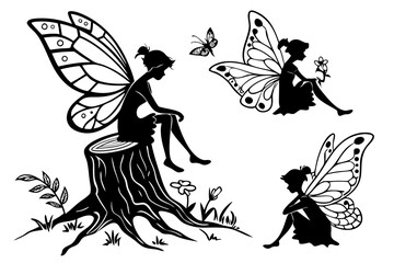 Enchanting Fairies in a Mystical Forest A Black and White Illustration of Whimsical Creatures
