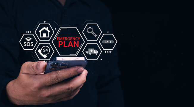 A person holding a smartphone with digital emergency plan icons, including SOS, 24-hour service, exit, ambulance, and home symbols on a dark background.
