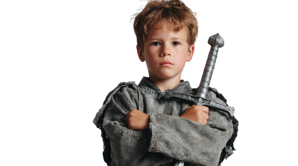 A young boy dressed as a knight, holding a sword, and ready for adventure.
