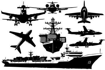 A collection of military and civilian transport silhouettes, featuring various aircraft, an aircraft carrier, and a cargo ship. Vector graphic set.