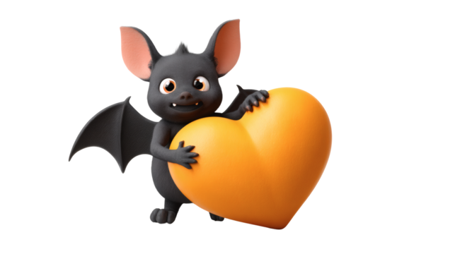 A charming cartoon bat affectionately embraces a bright orange heart, radiating joy and warmth. - Powered by Adobe