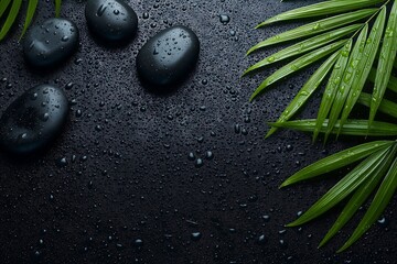 Black stones and green leaves with water drops for spa and zen wellness background