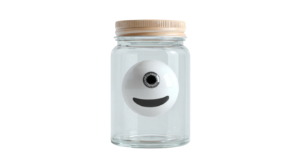 A unique, artistic depiction of a cyclops smiling inside a glass jar against a black backdrop.