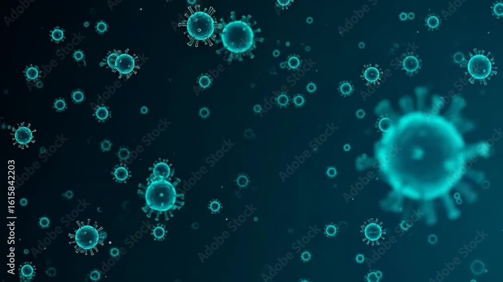Poster animated teal viral particles floating against a dark blue gradient backdrop with clean lines and ge