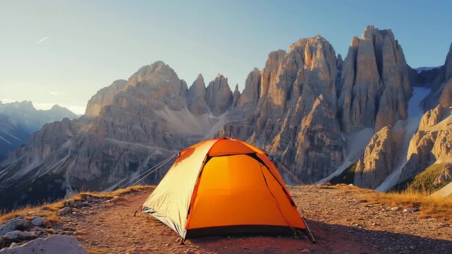 Empty tent camp by mountain ridge, wind moving tent flap gently