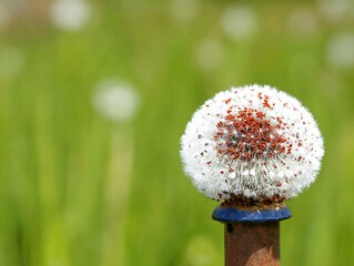 Delicate Dandelion Seed Head with Brown Pollen Resting on a Metal Post