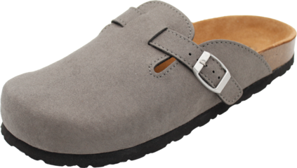 Grey clog with metal buckle, black sole and light brown insole. Modern and minimalist design, ideal for casual fashion, everyday comfort and relaxed urban style.