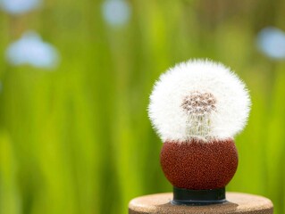 Mature dandelion seed head with green blurred background and red base
