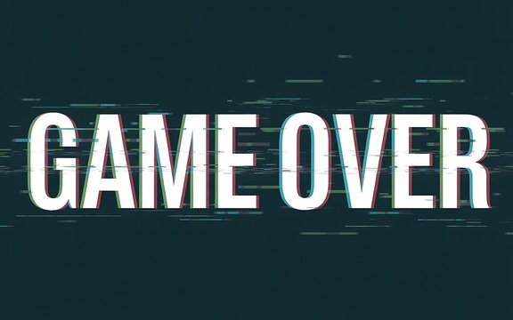 Retro glitchy game over screen with distorted text and dark background evoking a sense of finality