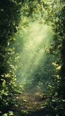 Walking Path Through Lush Green Forest with Sun Rays