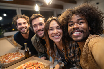 Friends share pizza and beers indoors. Young adults celebrate, smiling and enjoying a meal. Use for social media, marketing, design.
