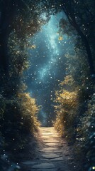 Walking Path Through Forest Under Starry Night Sky
