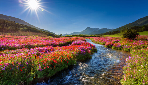 a crystal clear brook gently flowing and winding its way through a vibrant and colorful flower field with the sunlight sparkling and shimmering on the surface of the water