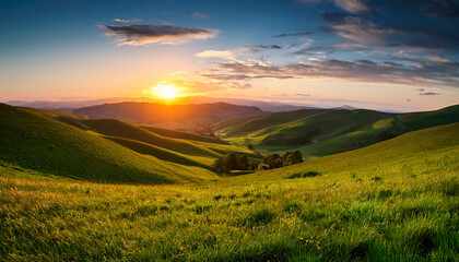 serene sunset over rolling hills and lush green grass landscape