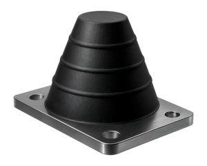 Conical rubber bumper with metal plate for shock absorption in industrial conveyor systems.
