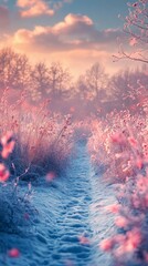 Walking Path Through Snowy Winter Field with Pink Flowers and Trees