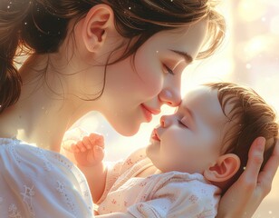Tender moment of a person gently holding a baby close, illuminated by warm light. A serene, emotional scene capturing love, care, and connection between caregiver and child