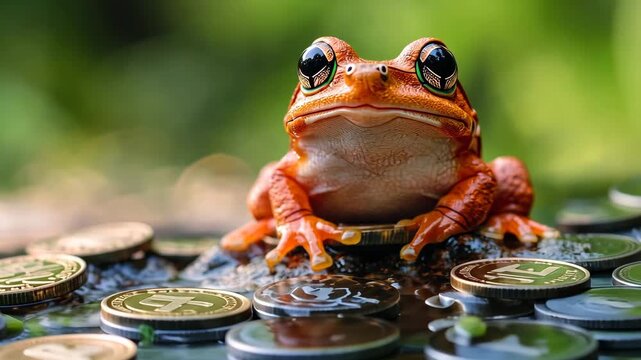 frog sitting on coins. Selective focus. business.