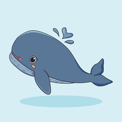 Happy blue whale with big smile and splash on a soft blue background. Perfect for nursery themes, children's books, and marine-themed classroom materials.