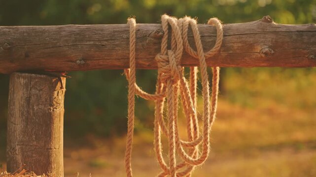 lasso rope lies hanging on log wooden fence. Close up shot object item rope twine. cowgirl western country style wild west. Concept rodeo ranch hitching post. Summer nature sun light flare sunset 4k