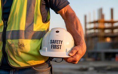 Construction worker in a high visibility vest holds a white safety helmet with safety first text at a building site