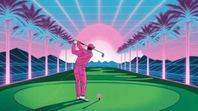 Person in pink clothing prepares to hit golf ball on vibrant, retro futuristic golf course with neon palm trees, grid lines, and sunset background, creating nostalgic 80s vaporwave aesthetic
