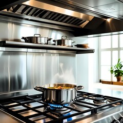 a modern kitchen with a gas stove burning in the center of the countertop. On top of the stove are several metal pans, seemingly ready for cooking