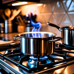 a modern kitchen with a blue-lit gas stovetop and a large metal pot placed on top