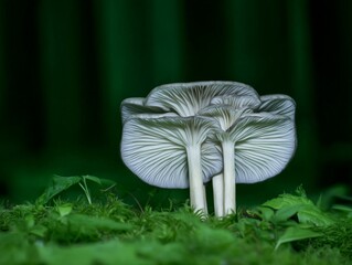 Elegant cluster of mushrooms with intricate gills set against a lush forest backdrop