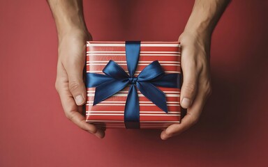 Hands gently hold a beautifully wrapped gift box adorned with a classic red and white striped paper and a deep blue satin ribbon bow
