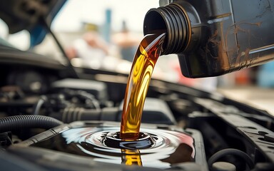 Close up shot of golden motor oil being poured from a black bottle into a car engine during a routine maintenance service