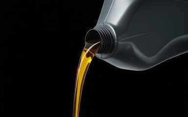 Golden viscous liquid pouring from a dark gray plastic container against a stark black background in a close up studio shot