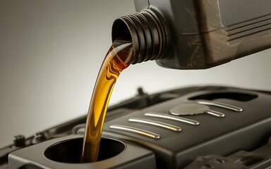 Pouring golden motor oil from a black plastic bottle into a car engine s oil fill port during a routine maintenance
