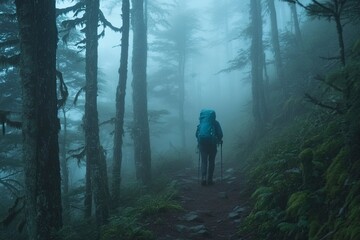 Solitary hike – a man walks alone along a misty forest trail