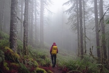 Mindful journey – alone traveler in a foggy forest landscape