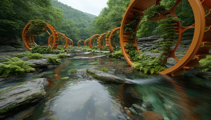 a multiple orange water wheel rotating in a river and harnessing power