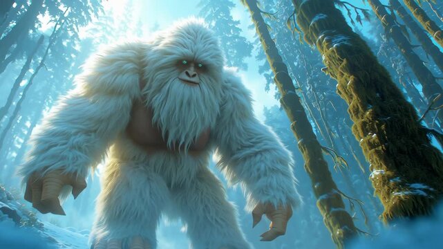 Large white furry bigfoot walking through snowy, misty forest with tall trees. Creature has thick fur, muscular build, and appears to be moving deliberately through mystical blue-tinted environment.