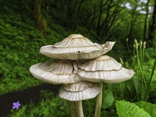 A cluster of majestic mushrooms in a lush green forest landscape