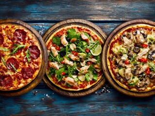 Freshly Baked Pizzas with Assorted Toppings on Wooden Plates

