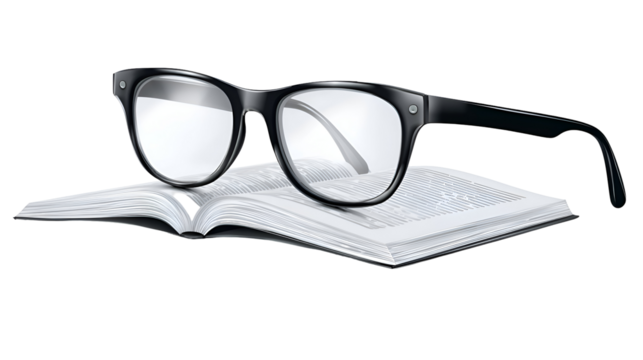 Black Framed Eyeglasses Resting on an Open Book and Cleaning Cloth Against a Transparent Background: A Detailed Product Shot Emphasizing Clean Lines