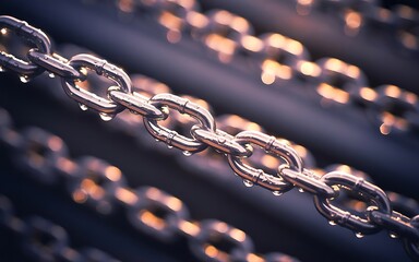 Close up of a heavy metal chain with water droplets reflecting warm blurred lights in the background creating a textured and artistic composition