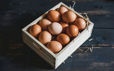 A rustic wooden crate filled with fresh brown eggs artfully arranged on a dark textured wooden surface evoking natural goodness