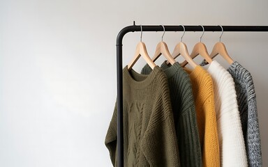 A collection of cozy knitted sweaters in various earthy tones hangs neatly on a minimalist clothing rack against a plain white background